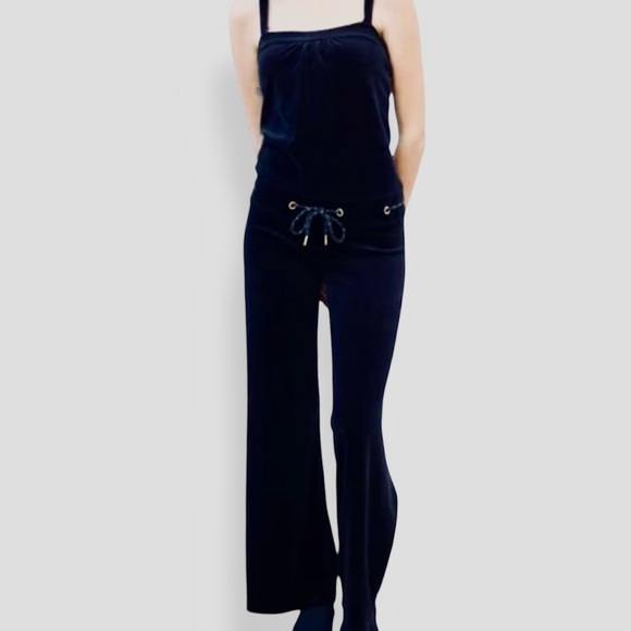 JUICY COUTURE Black Velour Wide Leg Romper Jumpsuit w Drawstring Waist Y2K - Picture 2 of 12